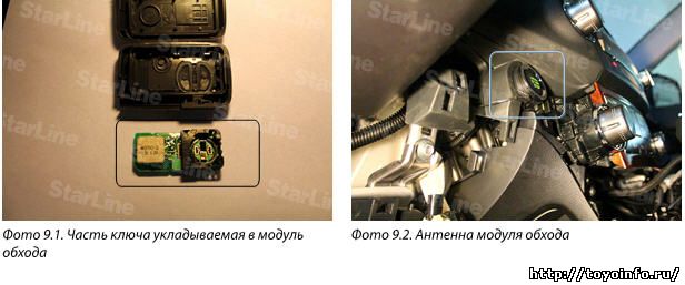  Для обхода штатного иммобилайзера вынимаем батареи из штатного ключа и укладываем его в модуль обхода ВР-3. Делаем 4-6 витков черного провода, входящего в комплект модуля на корпусе кнопки Старт-Стоп