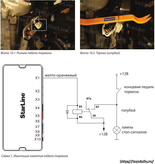 Для имитации нажатия на педаль тормоза подключаем желто-оранжевый провод сигнализации по схеме 1